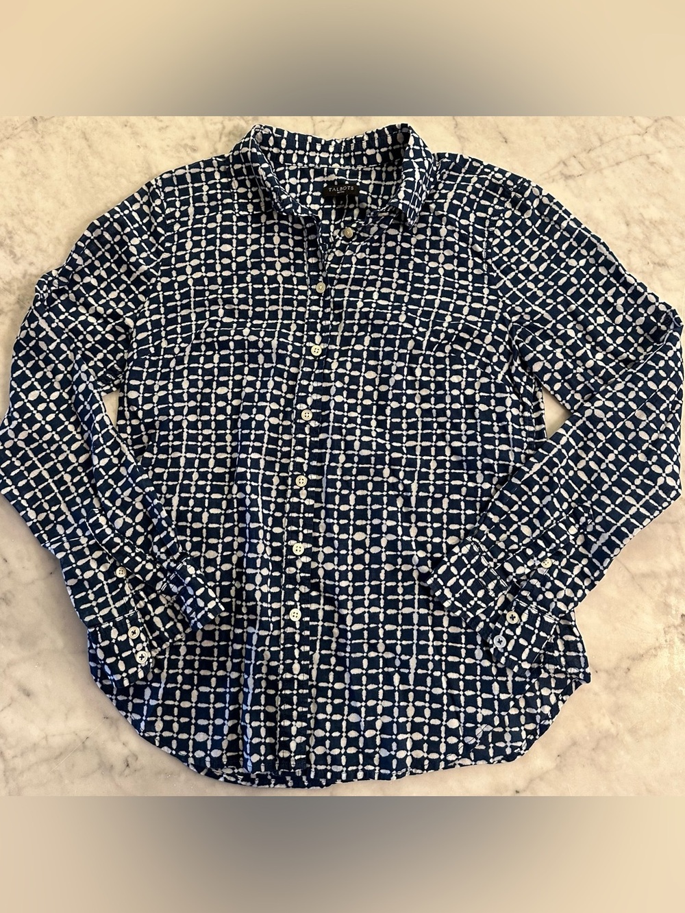TALBOT’S Petite Batik Blue & White 100% Cotton Button Up Shirt LkNew Retail $89